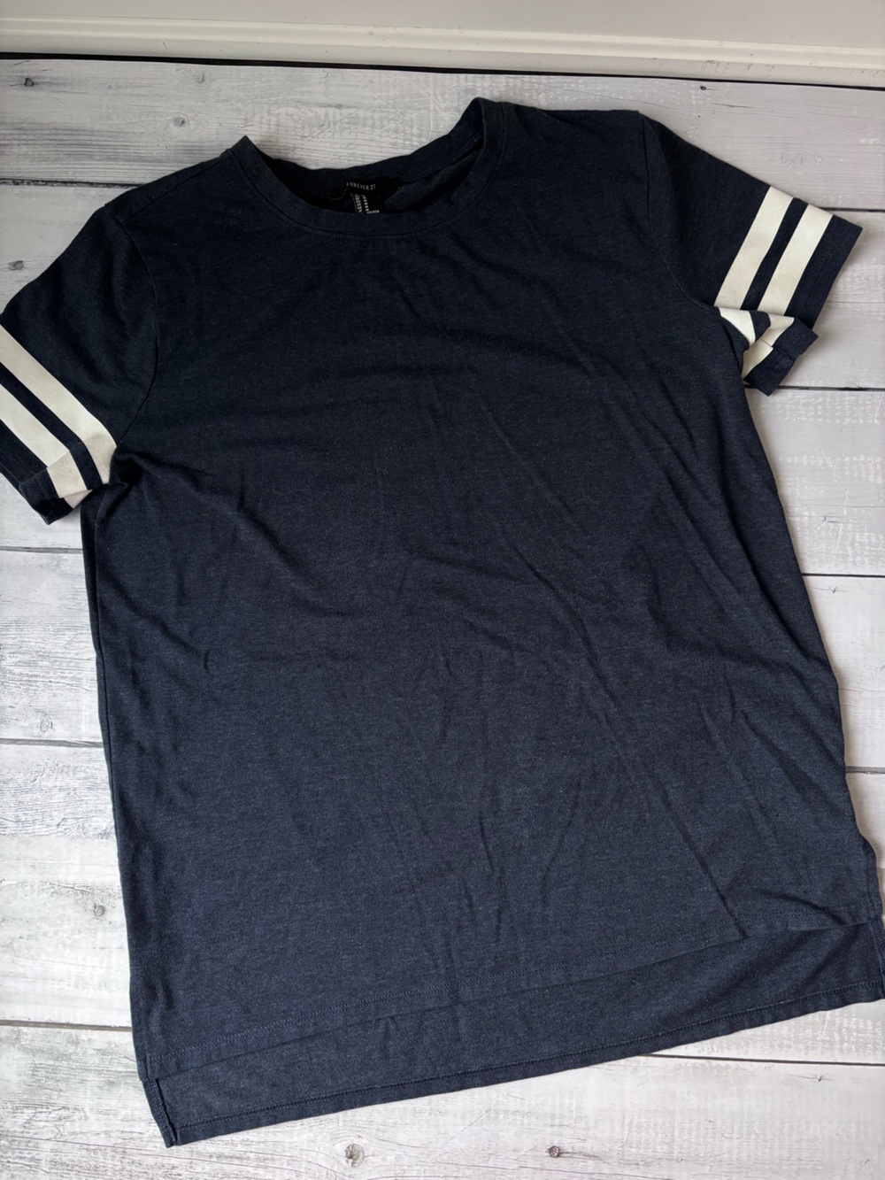 Forever 21 Navy Short Sleeve Tee with White Striped Cuffs